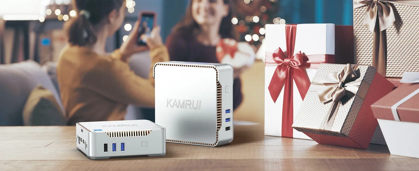Kamrui GK3 Plus mini PCs displayed in a holiday gift setting, ideal as compact and affordable mini PCs for everyday use and entertainment