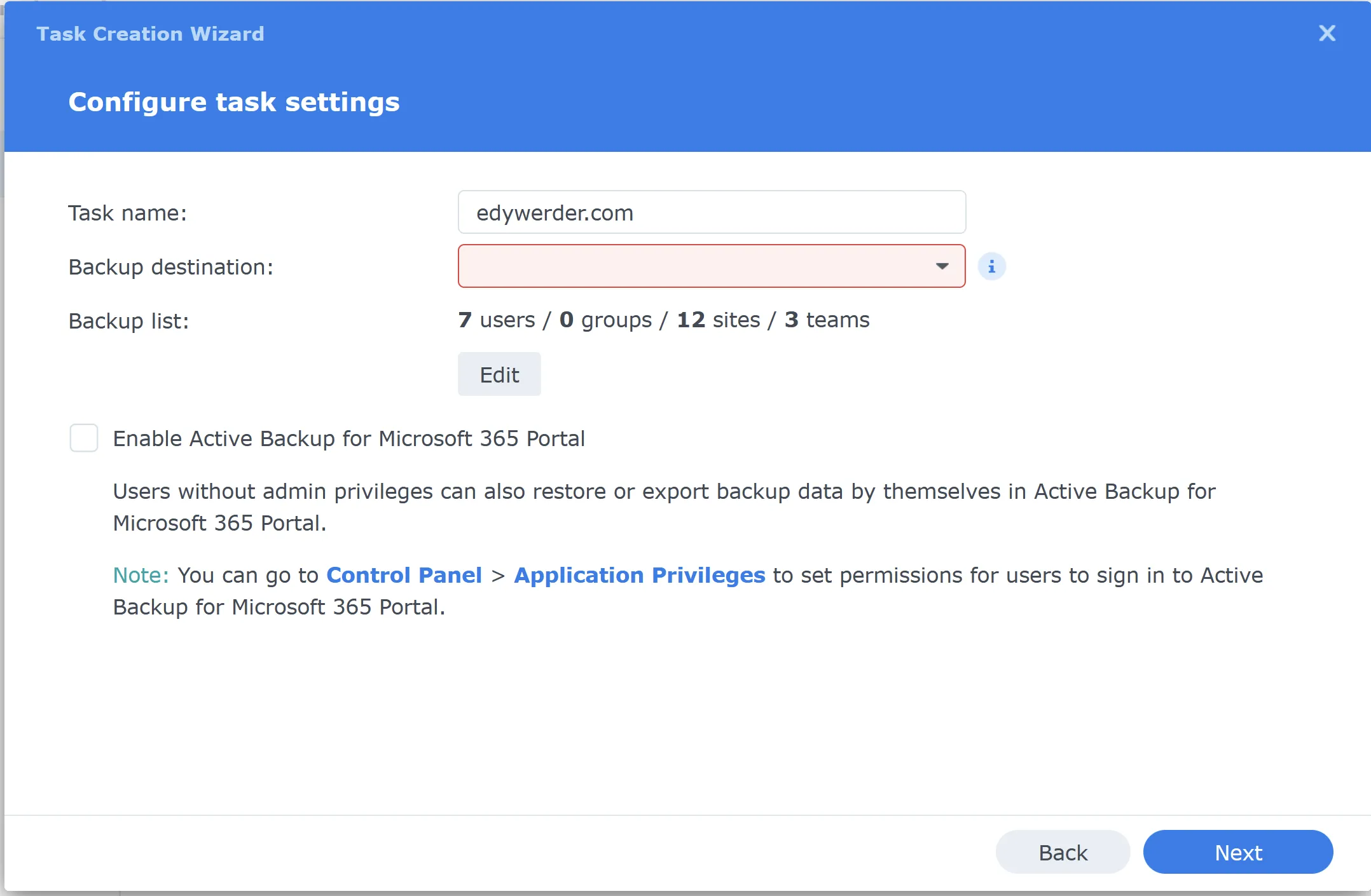 configure backup destination