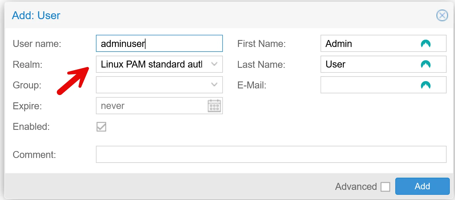 create user in Proxmox GUI for realm Linux PAM