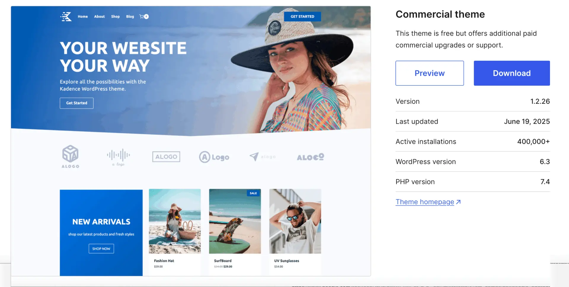 Kadence theme preview from the WordPress repository showing a modern homepage layout with product listings and WooCommerce integration