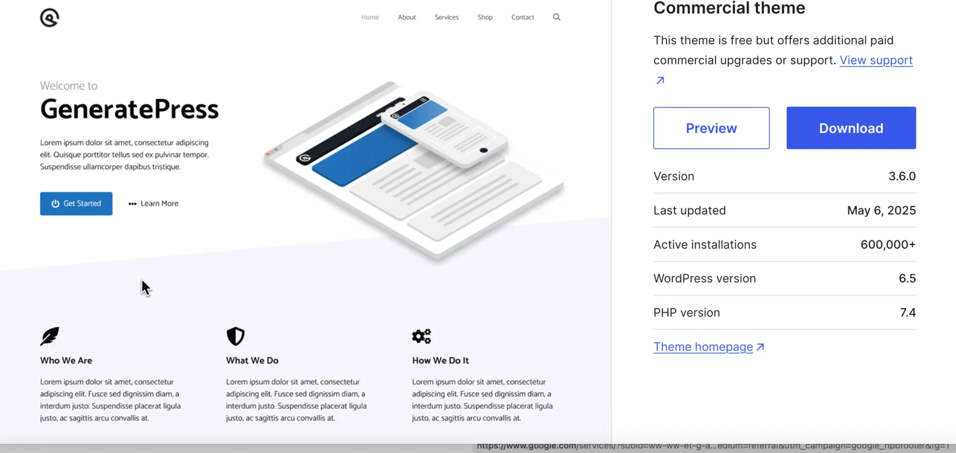 GeneratePress theme preview on WordPress.org showing a minimalist homepage layout with tablet and mobile design illustration, highlighting performance and flexibility