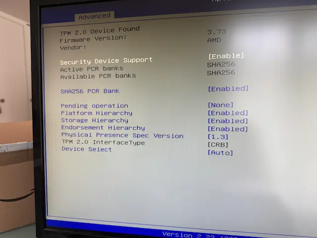 BIOS security settings screen showing TPM 2.0 enabled on Acemagic K1 mini PC