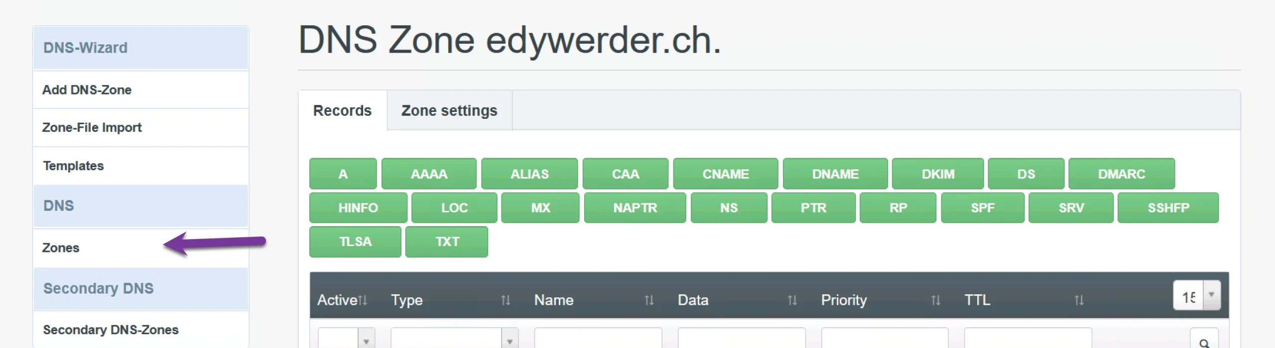 DNS Zone for domain: adding records