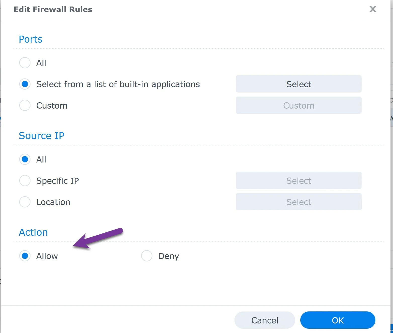 Synology firewall allow ssh access