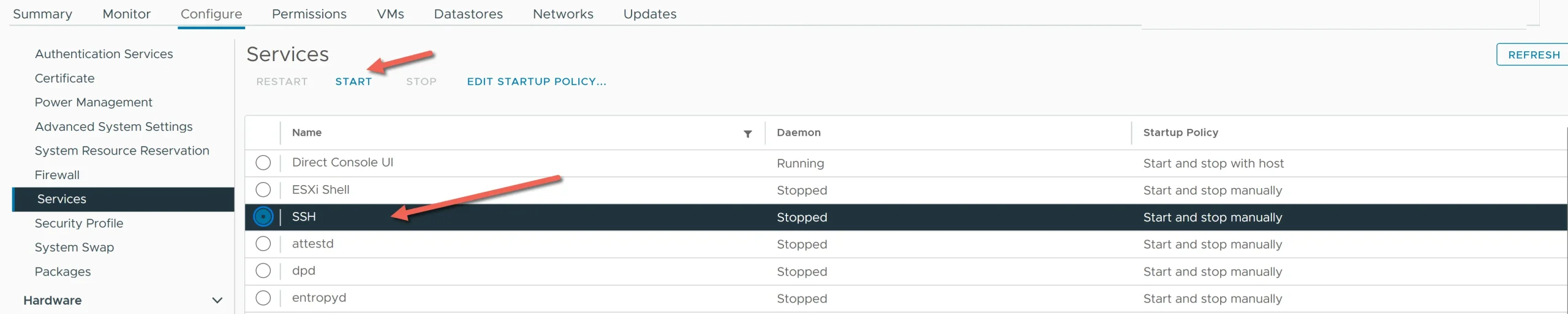 How to start ssh service in Vmware Vcenter