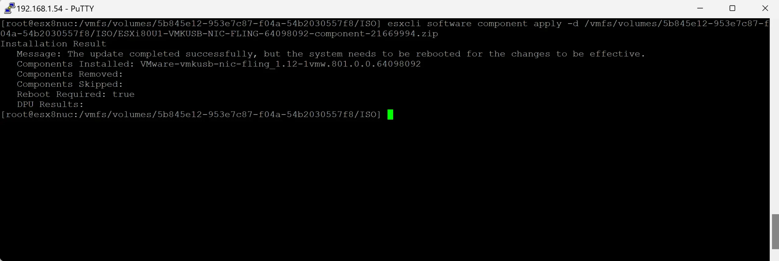 ESXi USB driver successfully installed